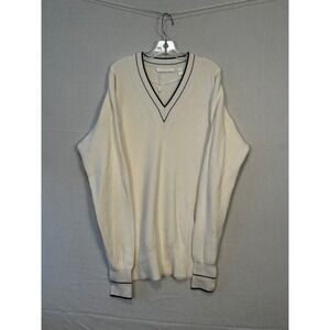 Hugo Boss Fatalina Off White Ribbed V-Neck Sweater Navy Tipping Mens Small 3040